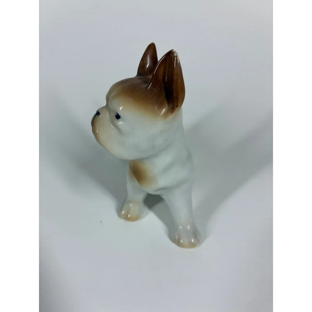 Vintage Japanese Porcelain French Bulldog Figurine White Brown Hand Painted